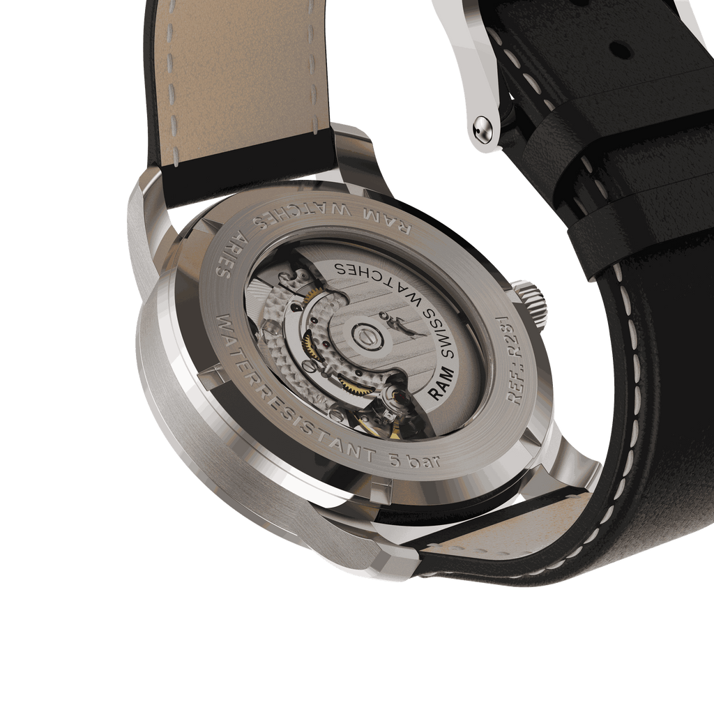 Back view of RAM Aries 42 R1021S1/4 men's Swiss watch with automatic movement and black leather strap details