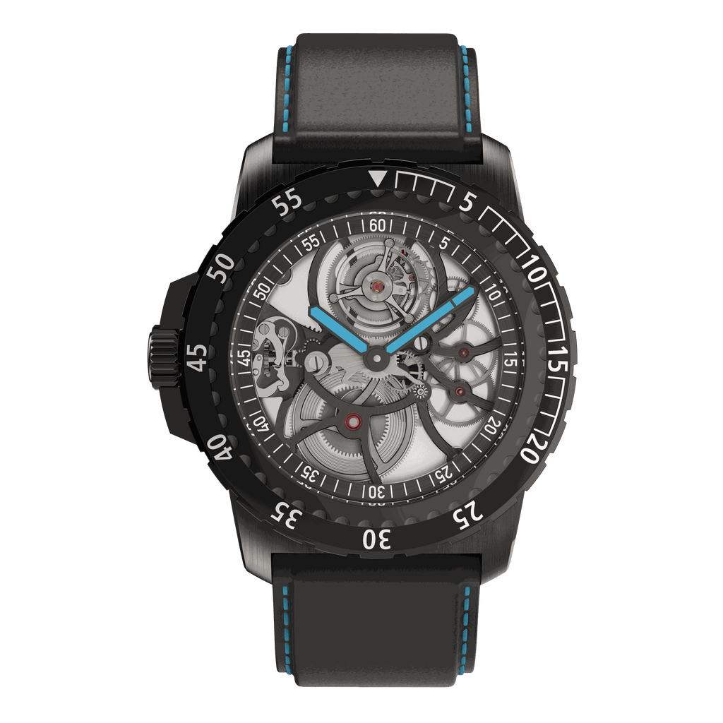 Front view of RAM Baran Tourbillon R201TS4/1 watch with skeletonized dial, black bezel, and black leather strap with blue stitching
