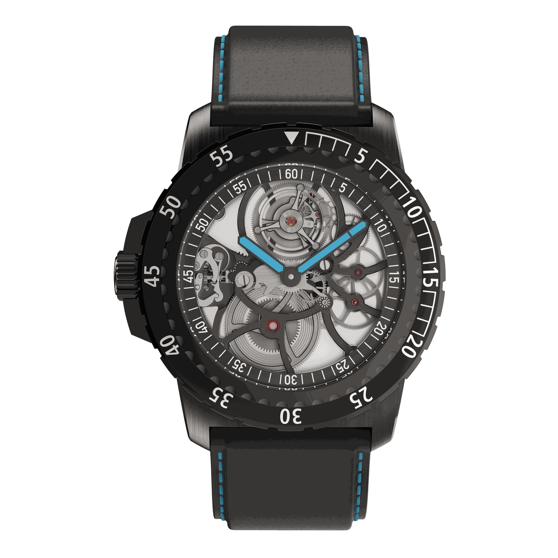 Front view of RAM Baran Tourbillon R201TS4/1 watch with skeletonized dial, black bezel, and black leather strap with blue stitching