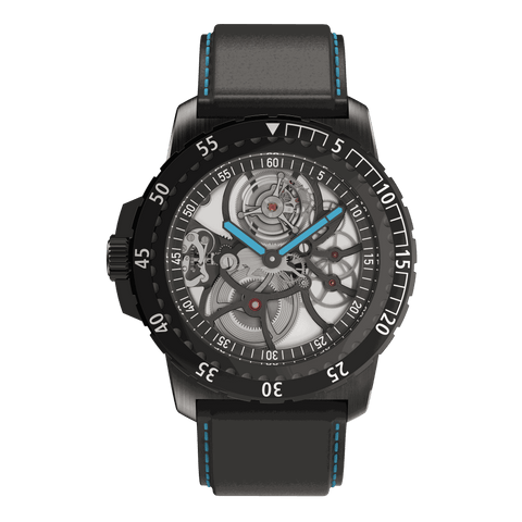 Front view of RAM Baran Tourbillon R201TS4/1 watch with skeletonized dial, black bezel, and black leather strap with blue stitching