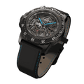 Close-up of RAM Baran Tourbillon R201TS4/1 with skeletonized tourbillon dial and black strap with blue stitching.