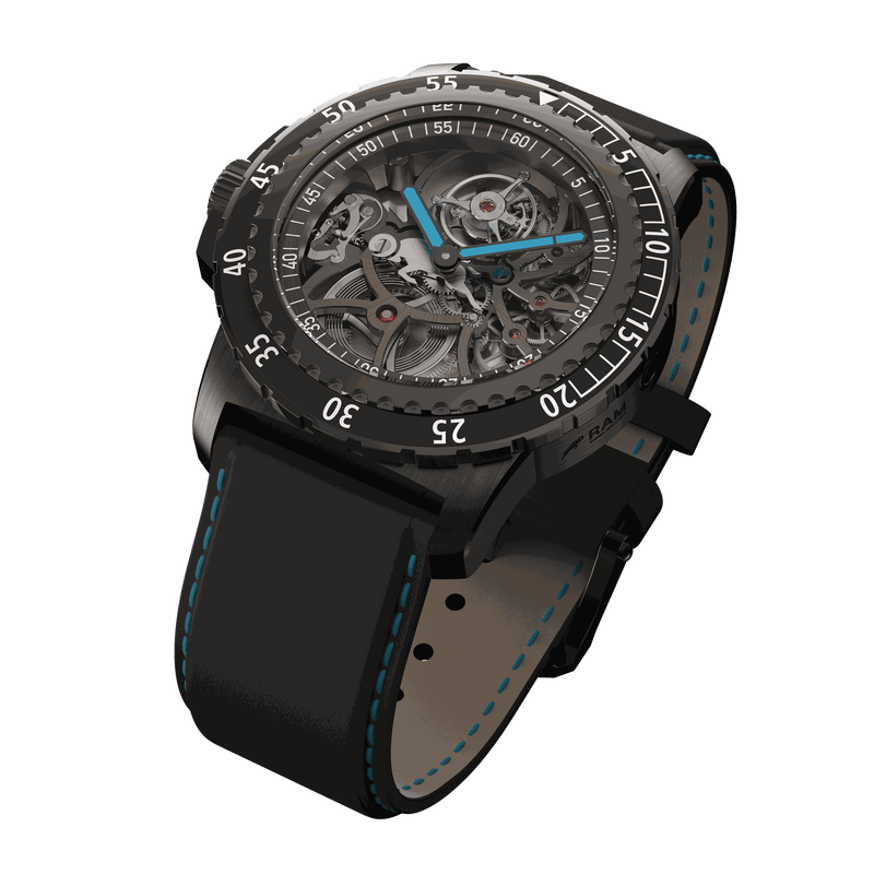 Black RAM Baran Tourbillon dive watch with skeletonized dial, blue accents, rotating bezel, and black leather strap with blue stitching.