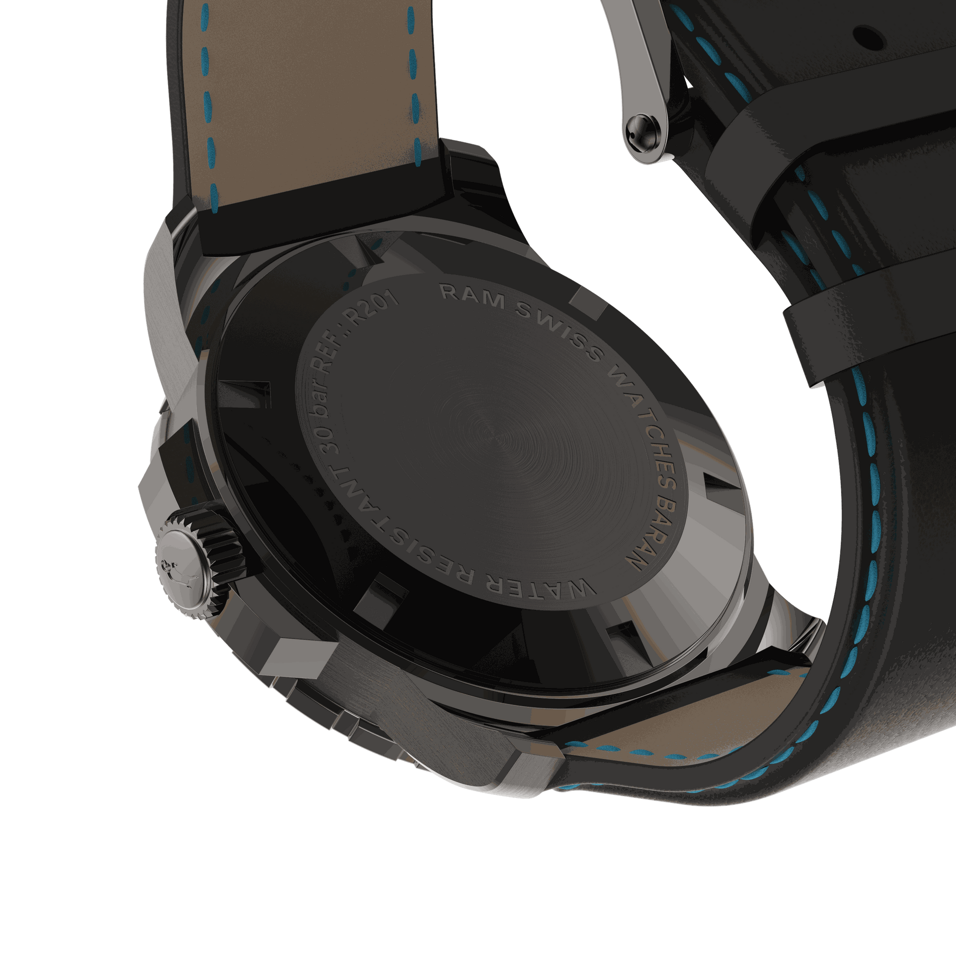 Close-up of RAM Baran Tourbillon R201TS4/1 stainless steel caseback with black and blue stitched leather strap.