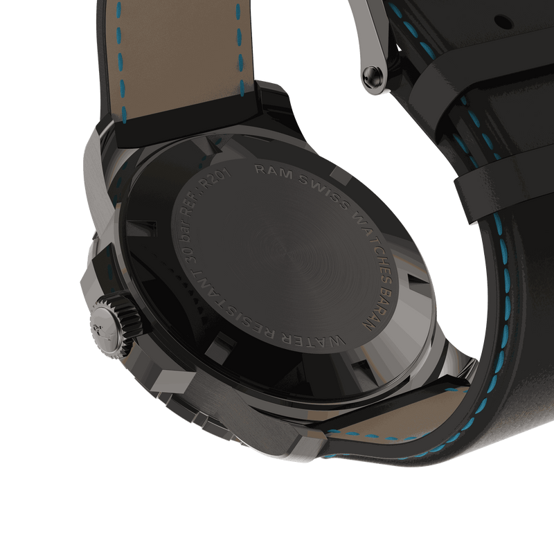 Black RAM Baran Tourbillon dive watch with skeletonized dial, blue accents, rotating bezel, and black leather strap with blue stitching.
