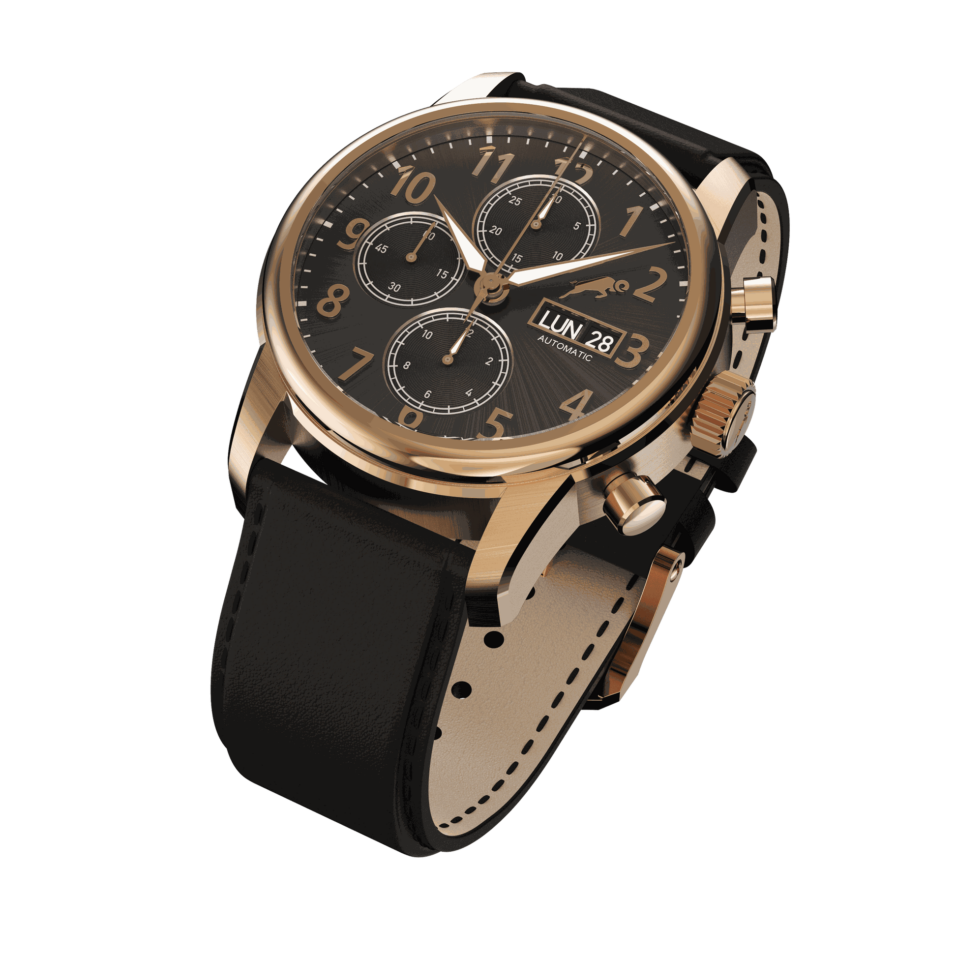 RAM Bélier R3013SR/6 Swiss watch with 42mm rose gold stainless steel case, black dial, chronograph, and black leather strap