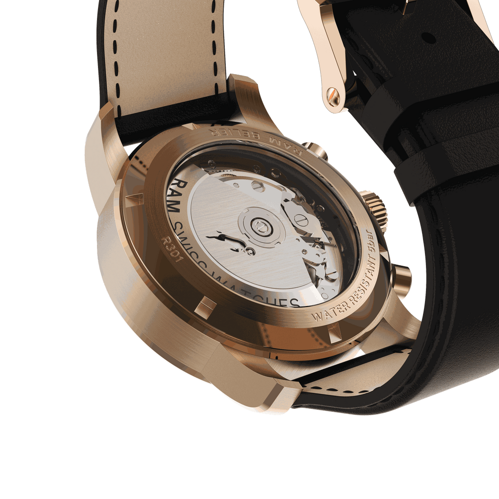 Back view of RAM Bélier R3013SR/6 Swiss watch with rose gold stainless steel case and black leather strap
