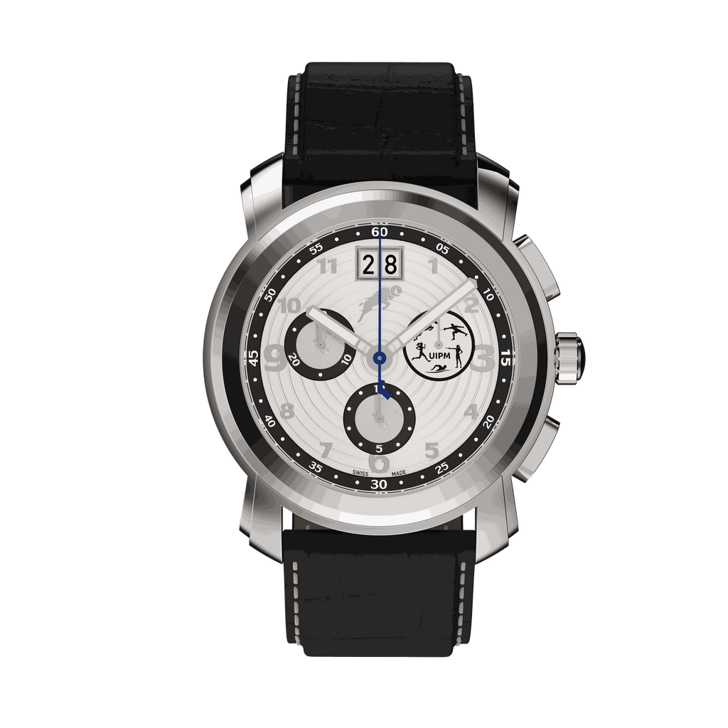 Swiss watch with silver case, white dial featuring black subdials, large date display, and black leather strap with stitching