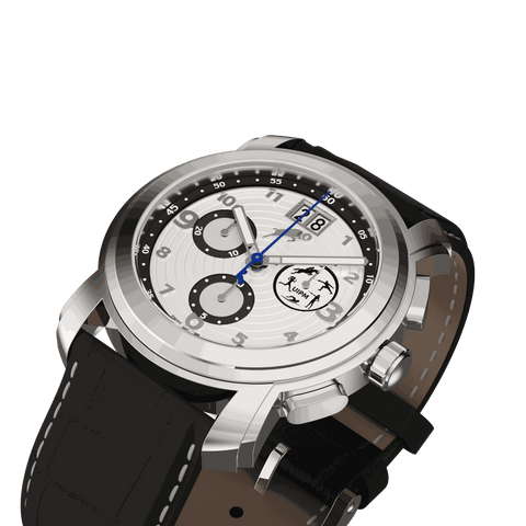 Swiss watch with silver case, white dial featuring black subdials, large date display, and black leather strap with stitching
