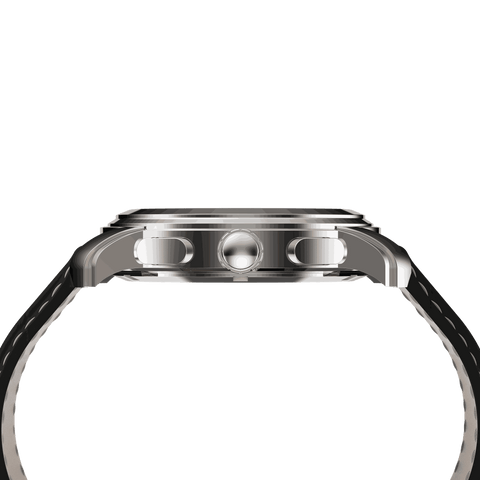 Swiss watch with silver case, white dial featuring black subdials, large date display, and black leather strap with stitching