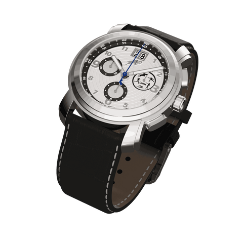 Swiss watch with silver case, white dial featuring black subdials, large date display, and black leather strap with stitching