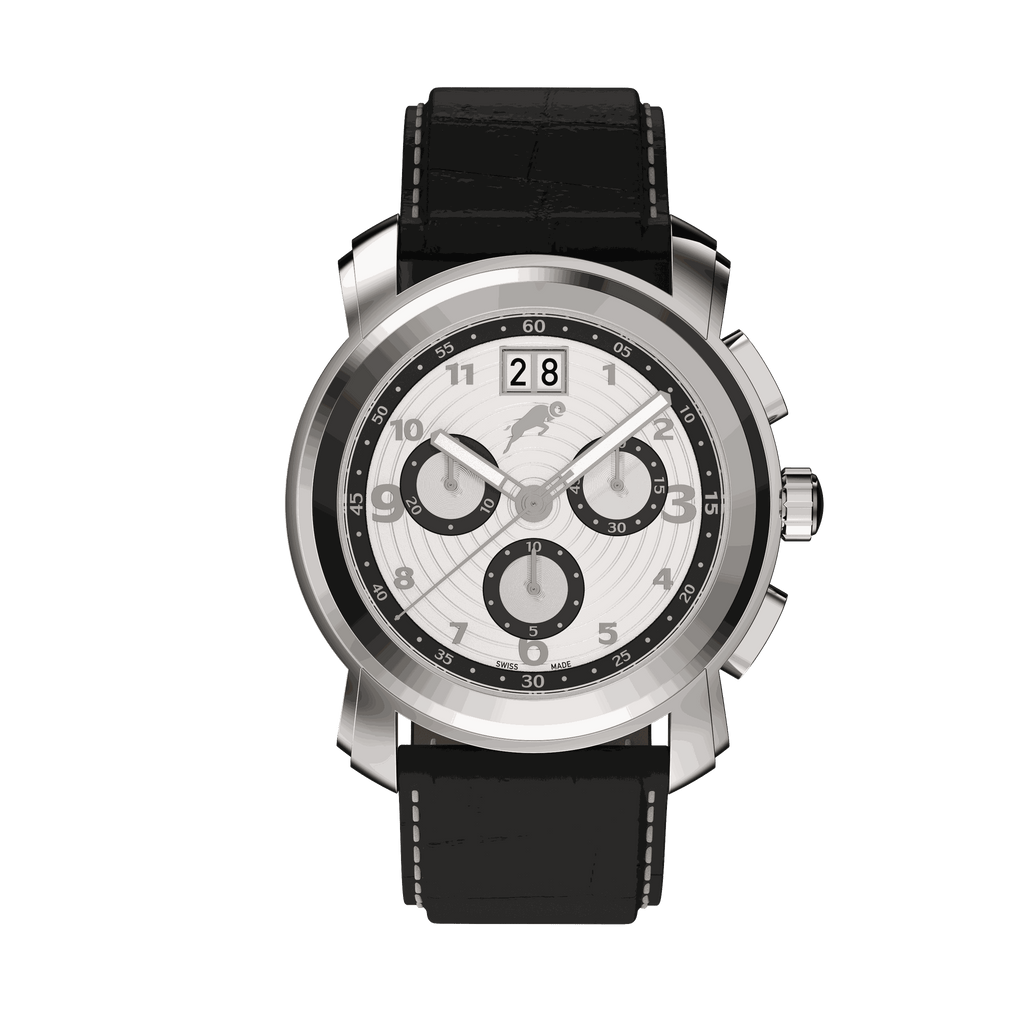 RAM Oinas R5011S1/4 Swiss watch with 40mm stainless steel case, black leather strap, and chronograph subdials with date display.