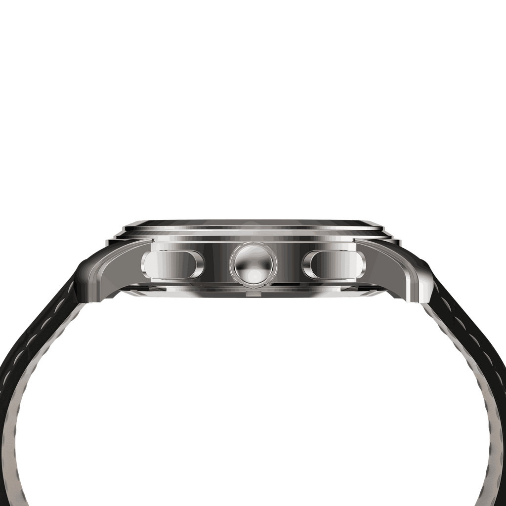 Side profile of RAM Oinas R5011S1/4 Swiss watch with 40mm stainless steel case and black leather strap.