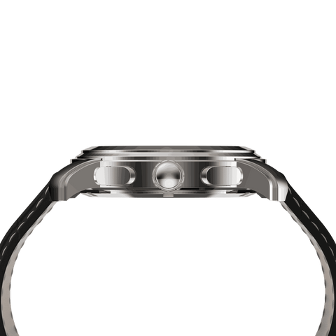 RAM Oinas R5011S1/4 Swiss watch with 40mm stainless steel case, black leather strap, and chronograph subdials with date display.