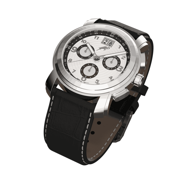 RAM Oinas R5011S1/4 Swiss watch with 40mm stainless steel case, white dial, black leather strap, and chronograph subdials.