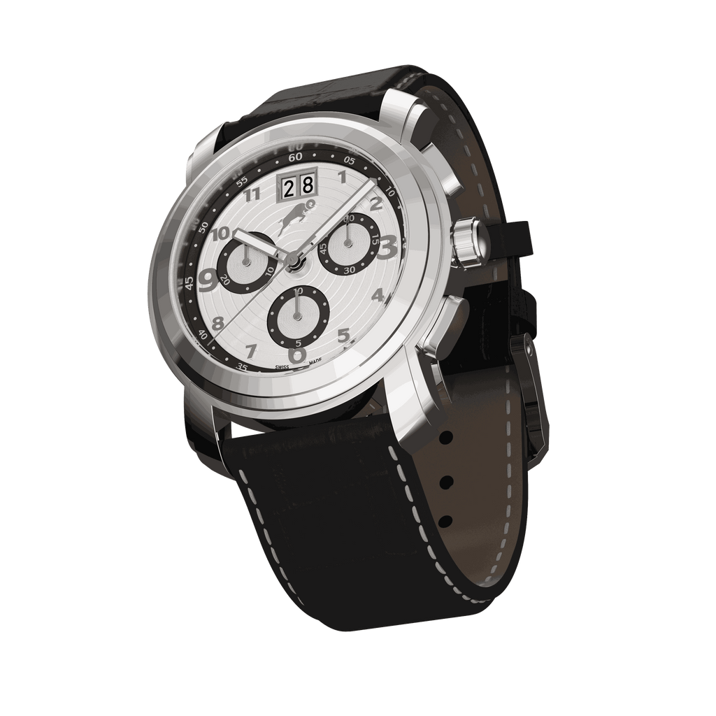 RAM Oinas R5011S1/4 Swiss watch with 40mm stainless steel case, white dial, black leather strap, and chronograph subdials.