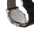 Back view of RAM Oinas R5011S1/4 Swiss watch with 40mm stainless steel case, sapphire crystal, and black leather strap