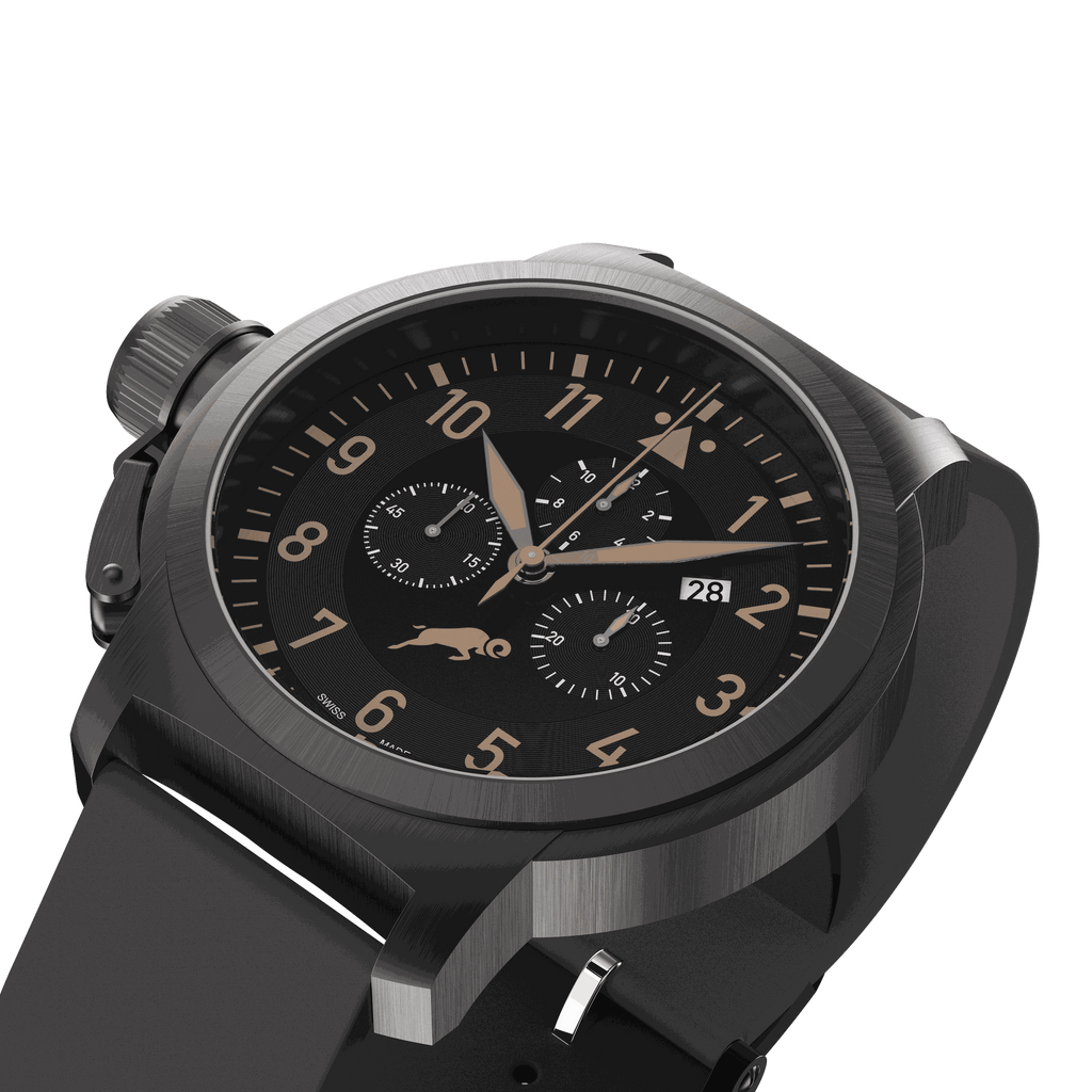 RAM Oven R6011K1/6 Swiss watch with 47mm stainless steel case, black dial, chronograph, date display, and black strap