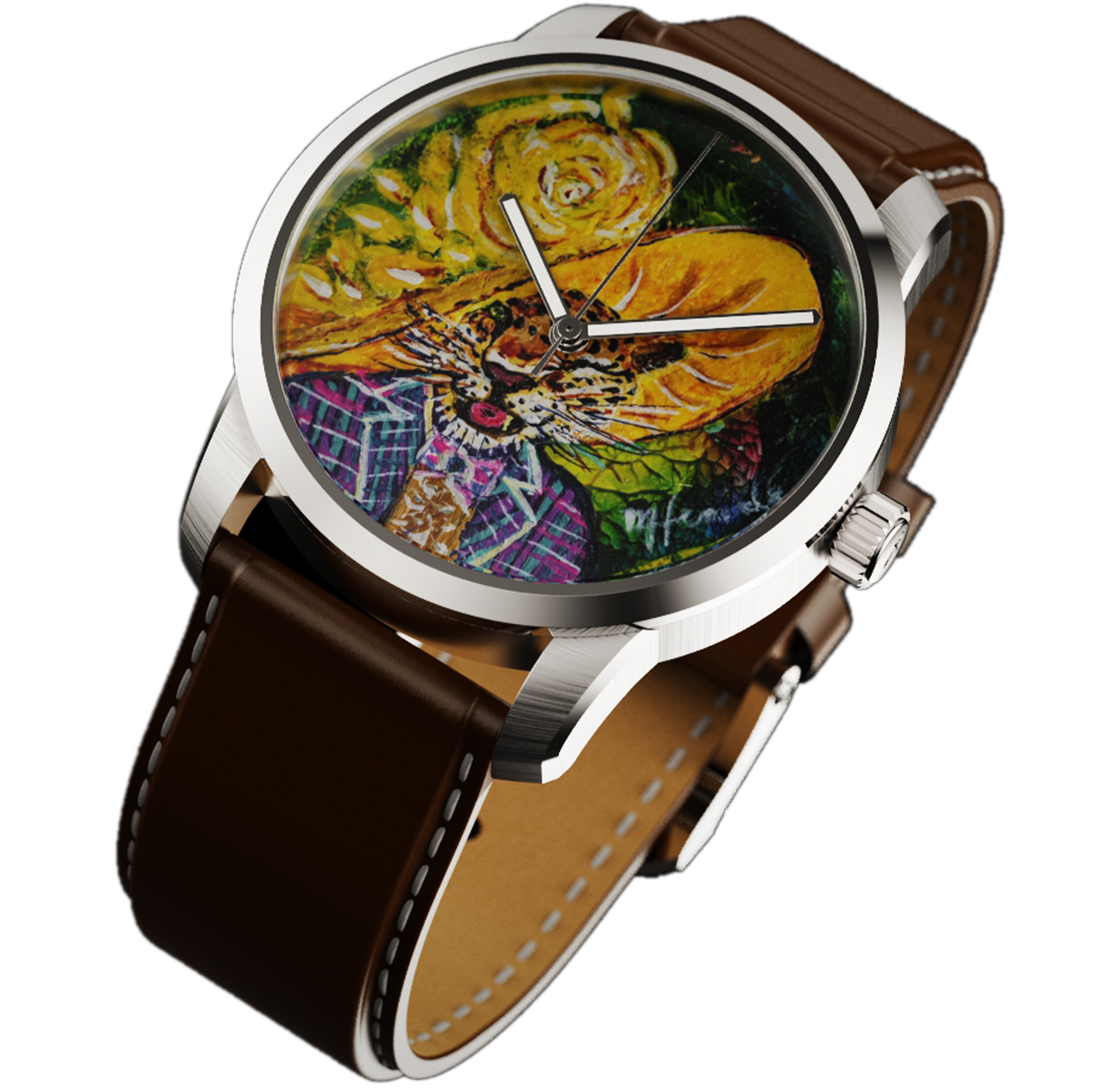 RAM Aries 42 Fortune Swiss watch with painted dial, stainless steel case, brown leather strap, and silver hands