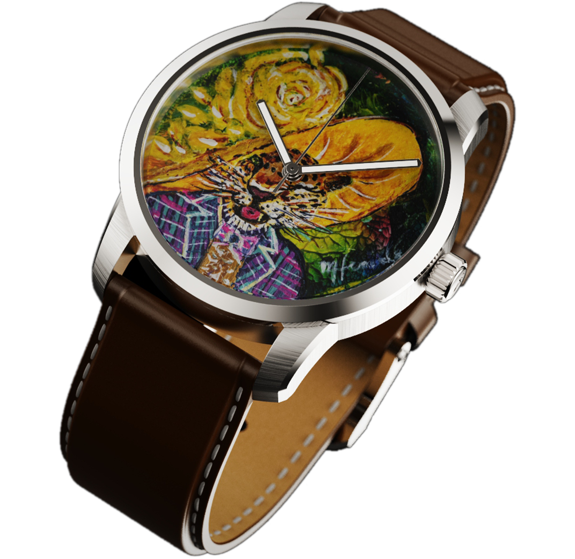 RAM Aries 42 Fortune Swiss watch with painted dial, stainless steel case, brown leather strap, and silver hands