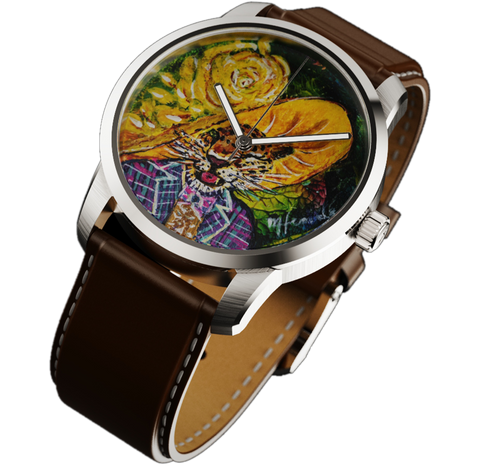 RAM Aries 42 Fortune Swiss watch with painted dial, stainless steel case, brown leather strap, and silver hands