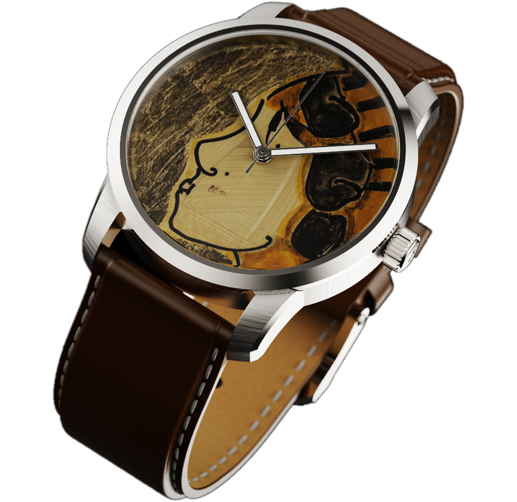 RAM Aries 42 watch with polished stainless steel case, unique art dial featuring stylized face, and brown leather strap