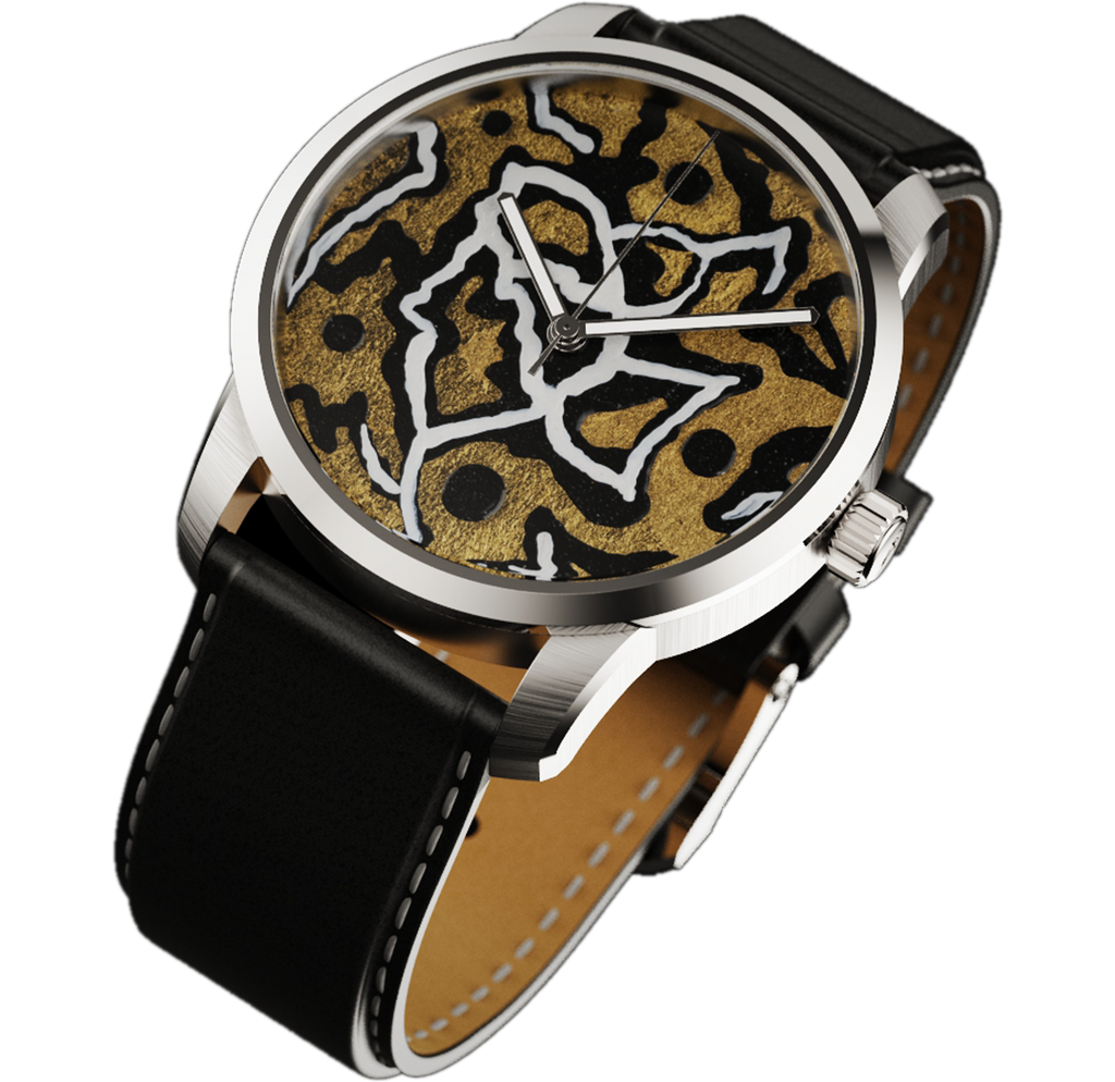 Silver wristwatch with black leather strap and abstract gold dial featuring black and white life path lines.