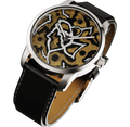 Silver wristwatch with black leather strap and abstract gold dial featuring black and white life path lines.