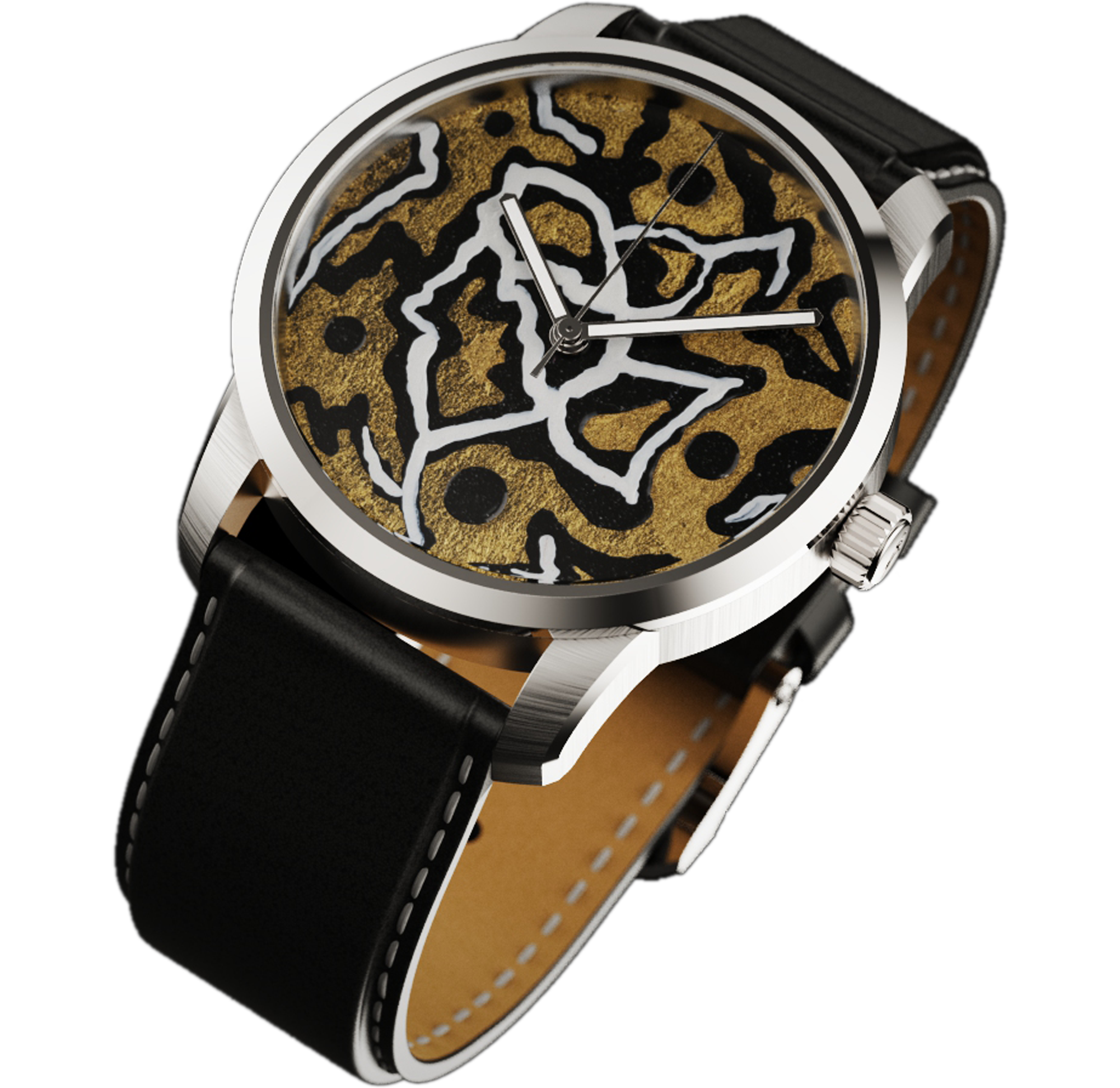 Silver wristwatch with black leather strap and abstract gold dial featuring black and white life path lines.