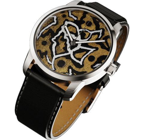 Silver wristwatch with black leather strap and abstract gold dial featuring black and white life path lines.