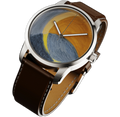 Close-up of RAM Aries 42 watch with artistic sunset dial, silver case, and brown leather strap with white stitching.