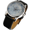 RAM Aries 42 wristwatch with unique iris-inspired dial artwork, silver case, black leather strap, and polished crown detail.