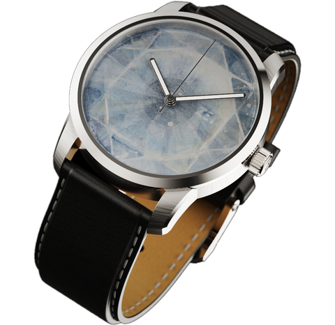 RAM Aries 42 wristwatch with unique iris-inspired dial artwork, silver case, black leather strap, and polished crown detail.