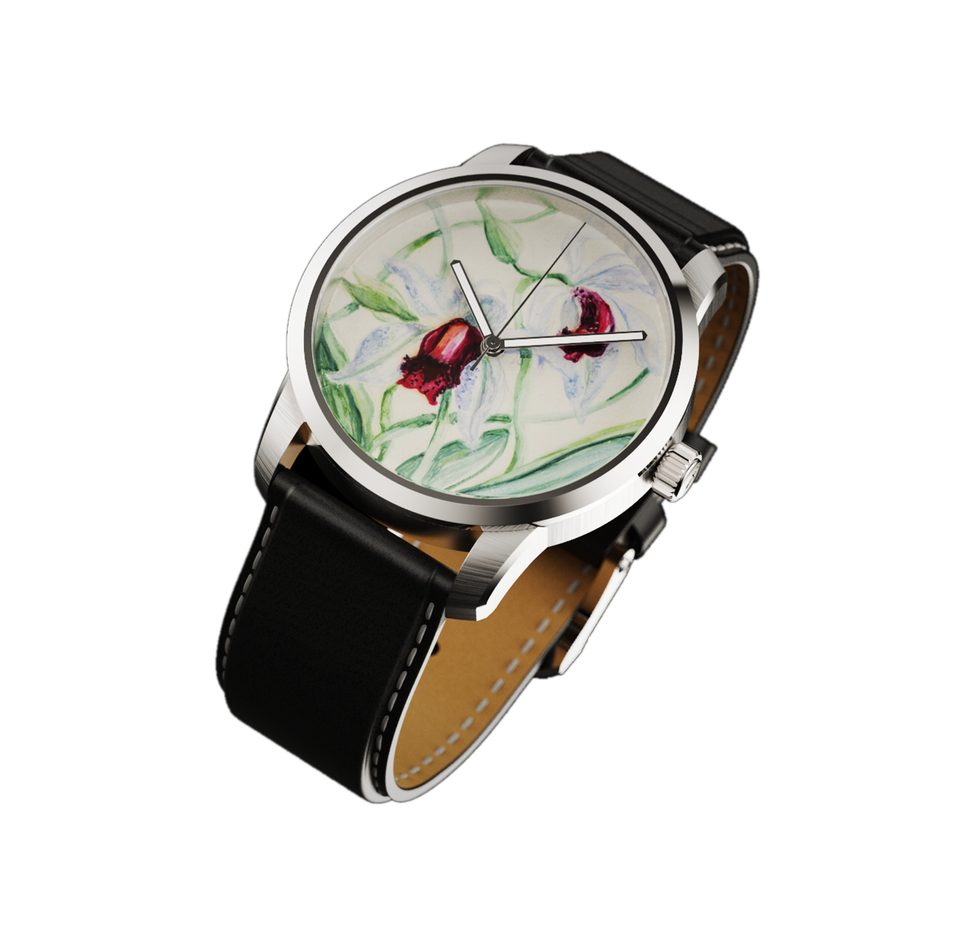 Close-up of stainless steel wristwatch with hand-painted floral dial inspired by tropical plants and black leather strap
